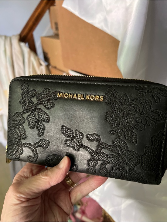 Michael Kors Handbags - Michael Kors Black Floral Lace Zip-Around Wallet with Gold Logo